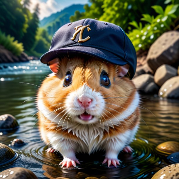 Photo of a hamster in a cap in the river