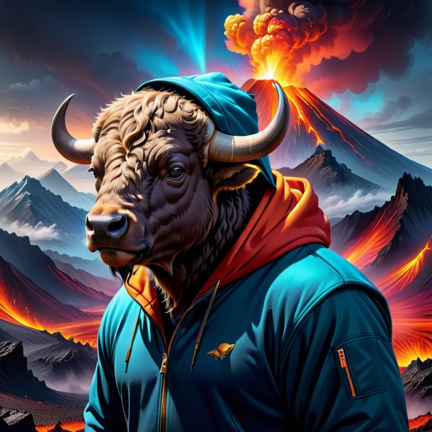 Drawing of a buffalo in a hoodie in the volcano