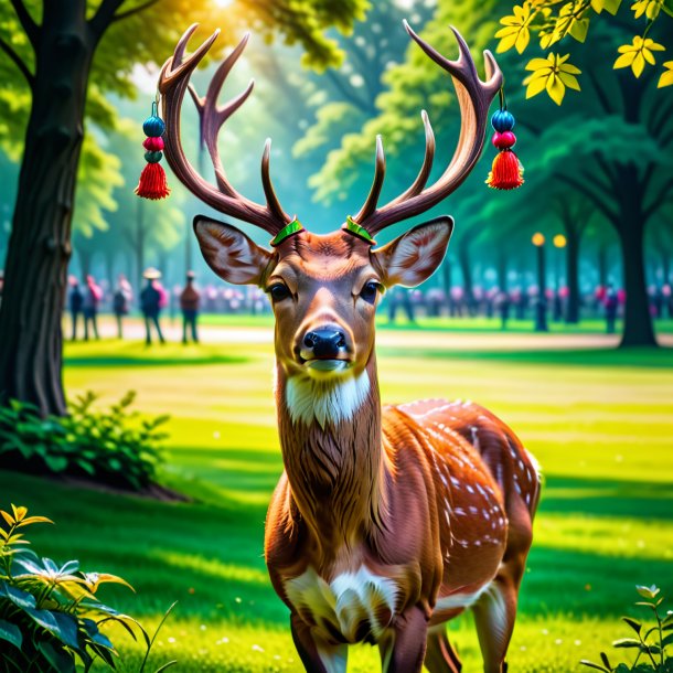 Foto de um veado em um boné no parque