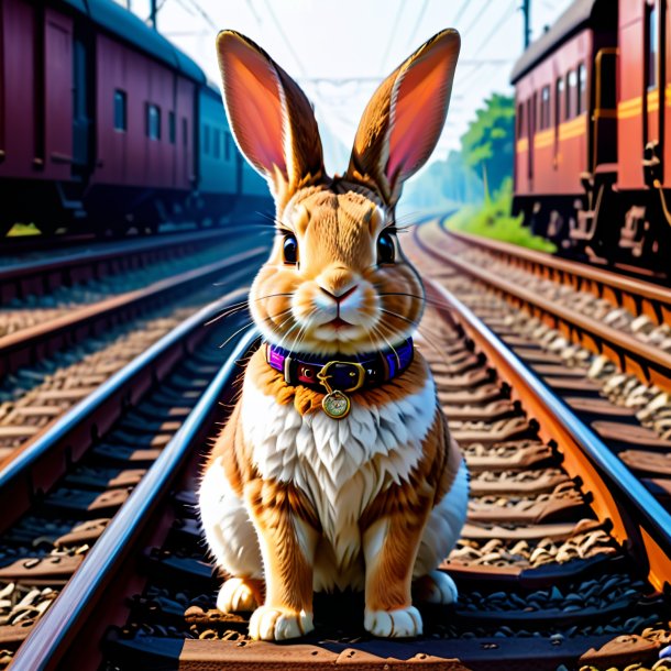 Foto de un conejo en un cinturón en las vías del ferrocarril