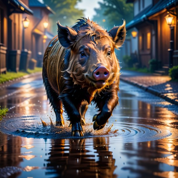 Pic of a dancing of a boar in the puddle