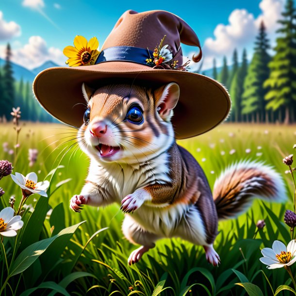 Image of a flying squirrel in a hat in the meadow