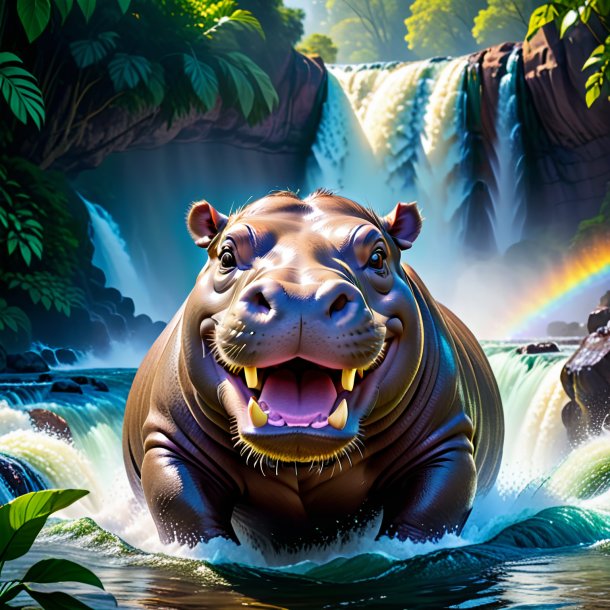 Image of a smiling of a hippopotamus in the waterfall