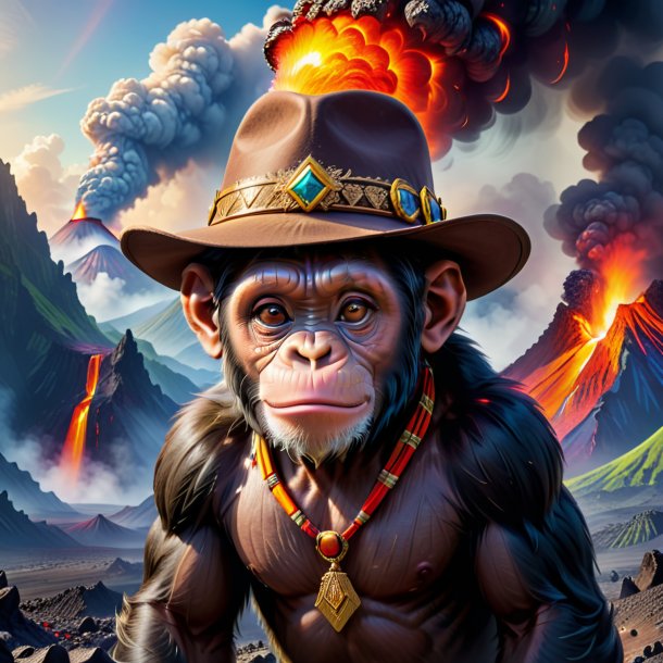 Picture of a chimpanzee in a hat in the volcano