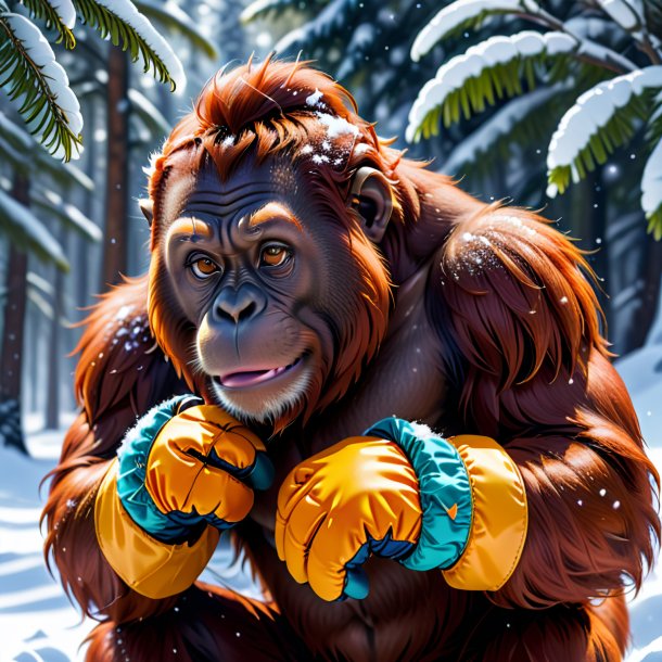 Illustration of a orangutan in a gloves in the snow