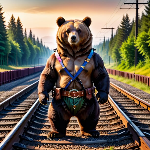 Photo of a bear in a belt on the railway tracks