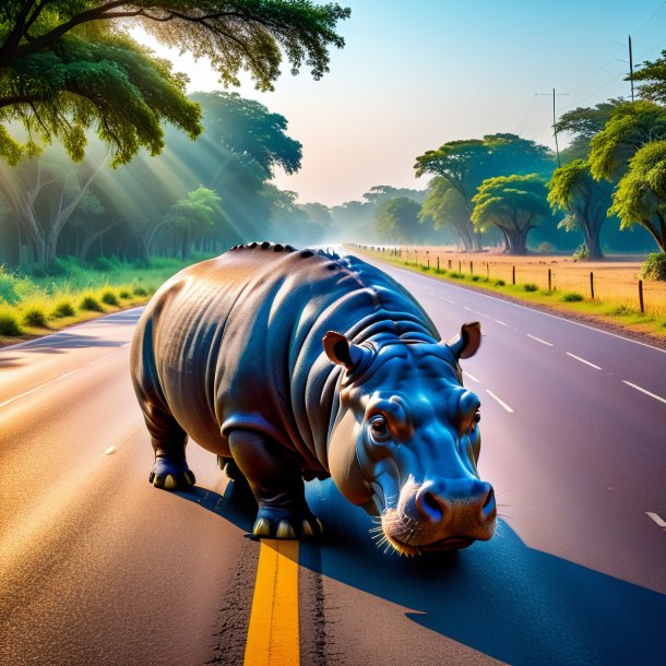 Pic d'une attente d'un hippopotame sur la route