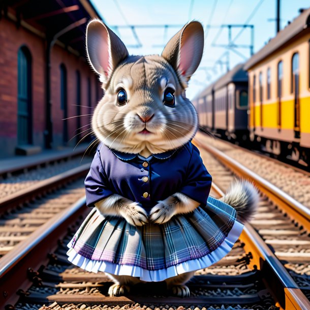 Foto de una chinchillas en una falda sobre las vías del tren