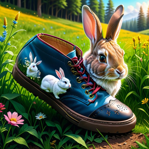 Dessin d'un lapin dans une chaussure dans la prairie