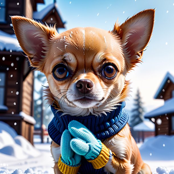 Foto de un chihuahua en guantes en la nieve