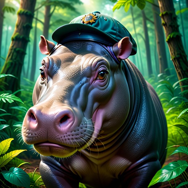 Illustration of a hippopotamus in a cap in the forest