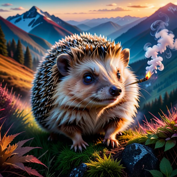 Picture of a smoking of a hedgehog in the mountains