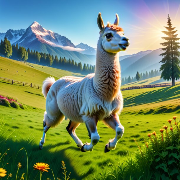 Pic of a jumping of a llama in the meadow