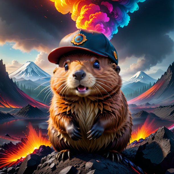 Picture of a beaver in a cap in the volcano