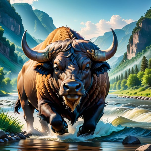 Illustration d'un bison dans une ceinture dans la rivière