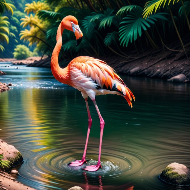 Imagem de um flamingo em uma calça no rio