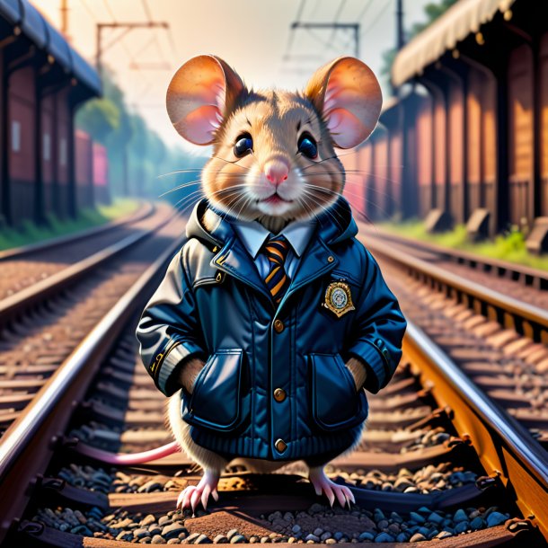 Pic of a mouse in a jacket on the railway tracks