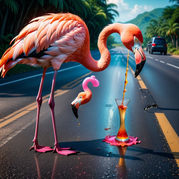 Photo of a drinking of a flamingo on the road