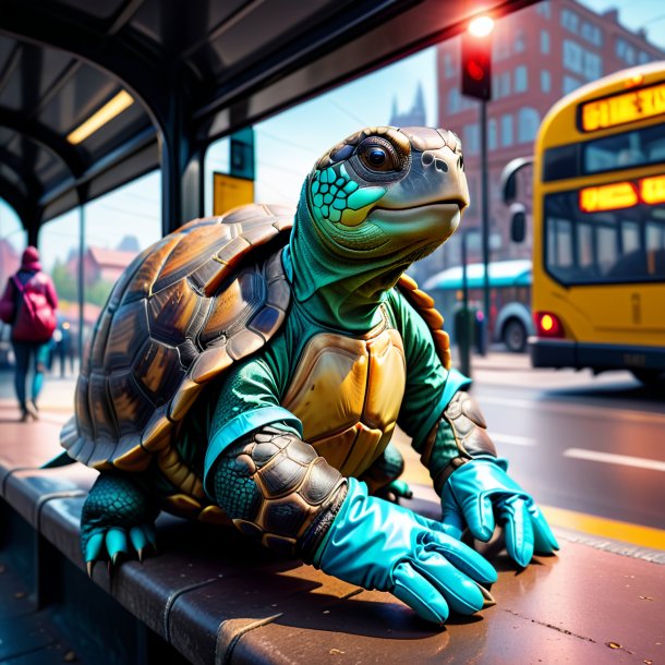 Imagen de una tortuga en guantes en la parada de autobús