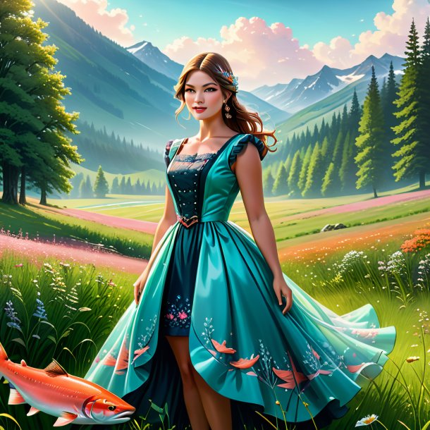 Illustration of a salmon in a dress in the meadow