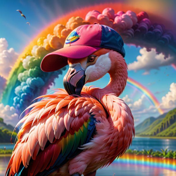 Picture of a flamingo in a cap on the rainbow