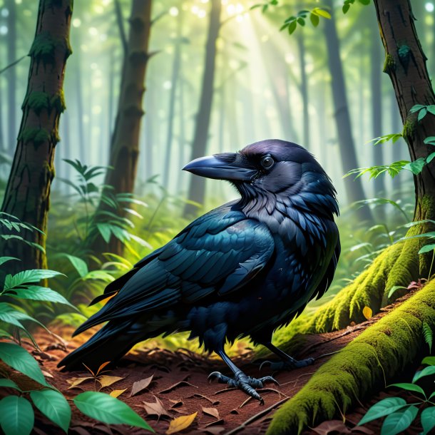 Picture of a sleeping of a crow in the forest