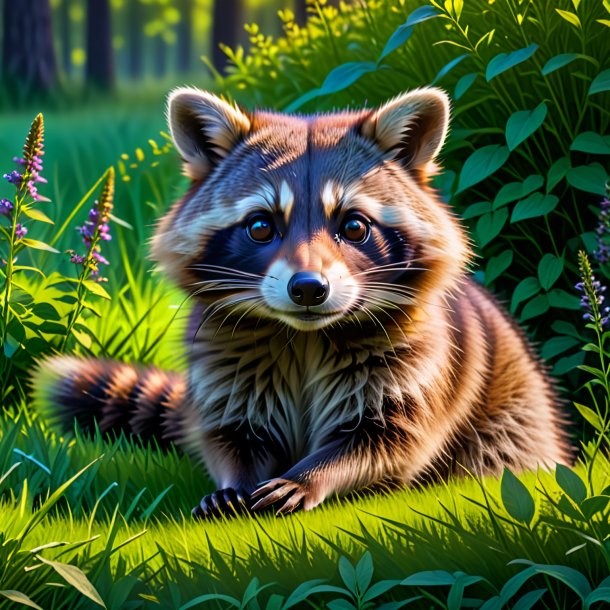 Pic of a resting of a raccoon in the meadow