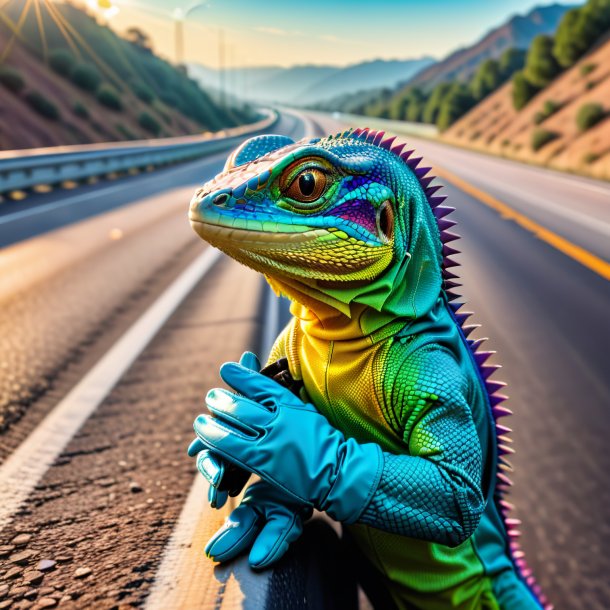 Pic of a lizard in a gloves on the highway