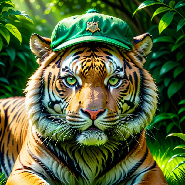 Foto de un tigre en una gorra verde