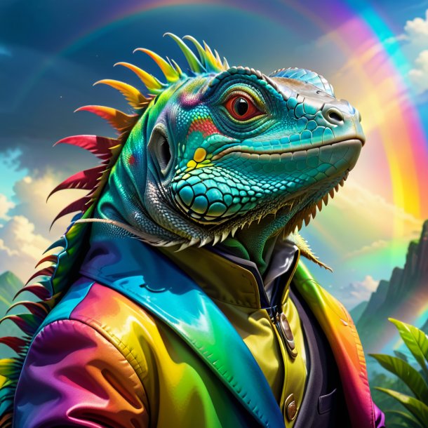 Ilustración de una iguana en un abrigo sobre el arco iris