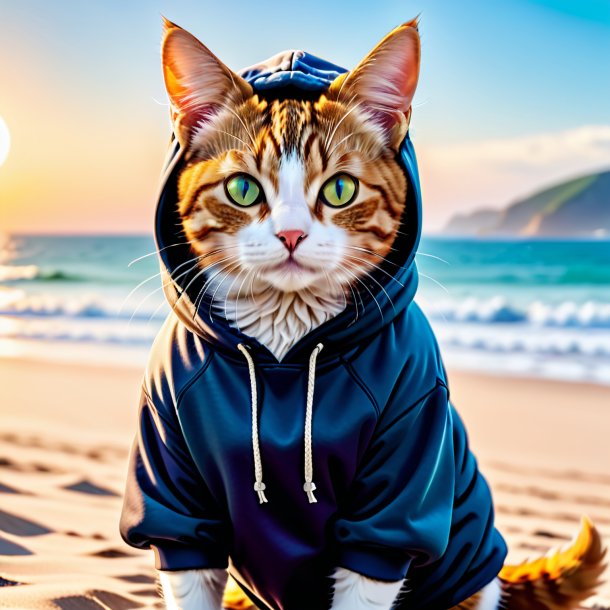 Pic of a cat in a hoodie on the beach