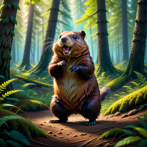 Photo of a dancing of a beaver in the forest