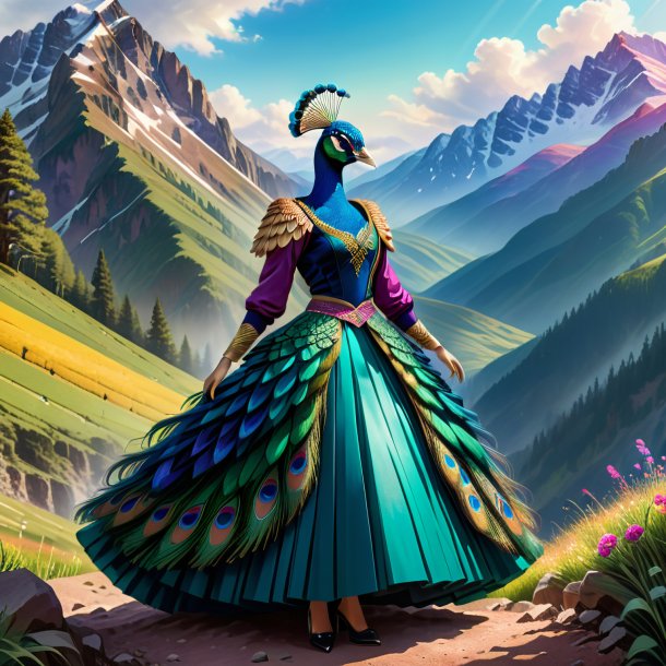 Drawing of a peacock in a skirt in the mountains