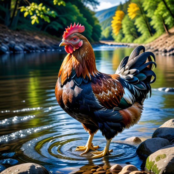 Picture of a hen in a coat in the river