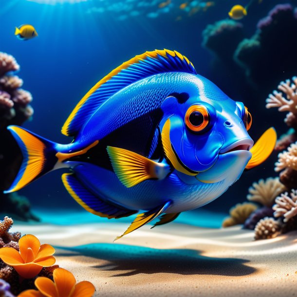 Photo of a blue tang in a orange shoes