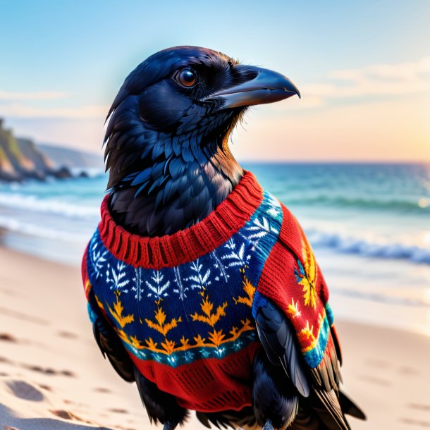 Picture of a crow in a sweater on the beach