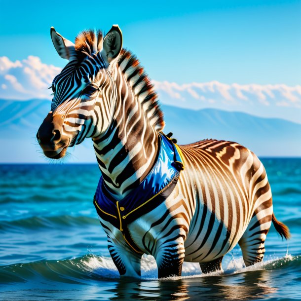 Photo of a zebra in a vest in the sea