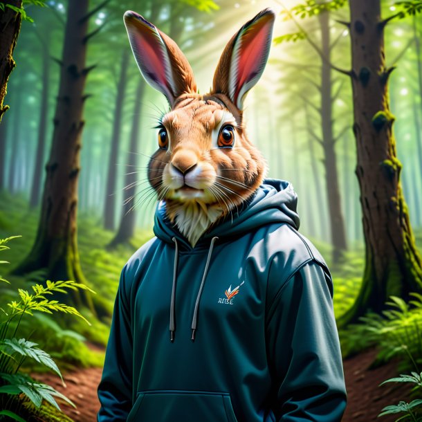 Imagem de uma lebre em um hoodie na floresta