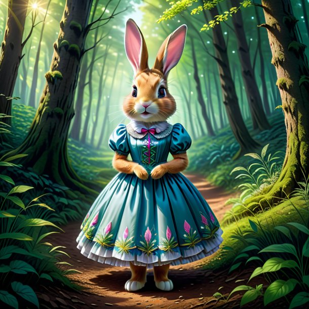 Dibujo de un conejo en un vestido en el bosque