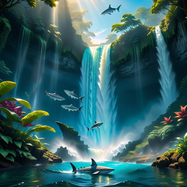 Picture of a swimming of a shark in the waterfall