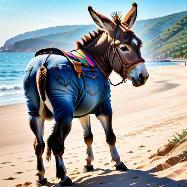 Image of a donkey in a jeans on the beach