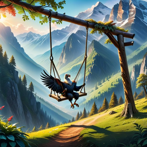 Photo of a swinging on a swing of a vulture in the mountains