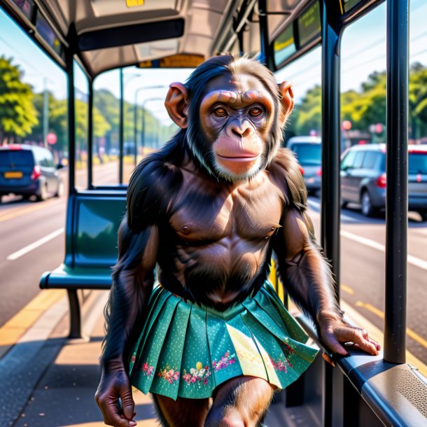 Foto de um chimpanzé em uma saia no ponto de ônibus