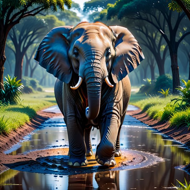 Pic of a elephant in a belt in the puddle