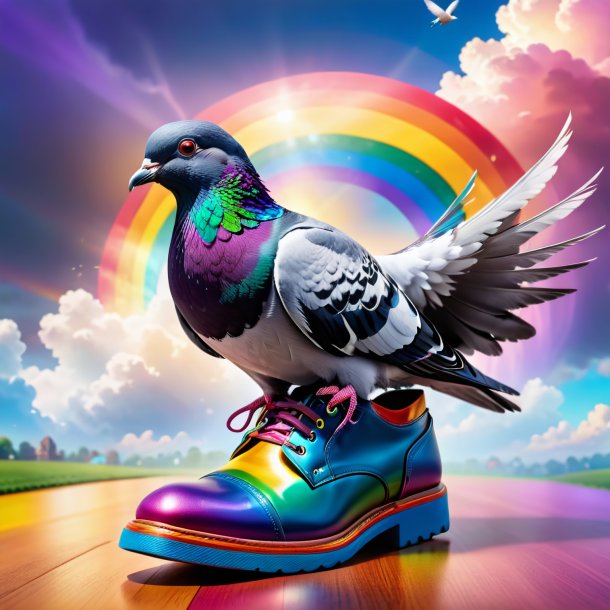 Pic d'un pigeon dans une chaussure sur l'arc-en-ciel