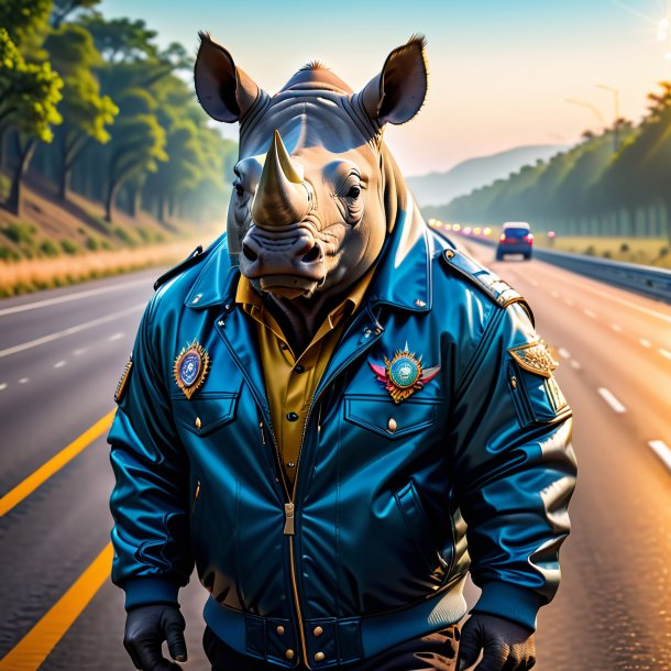 Picture of a rhinoceros in a jacket on the highway