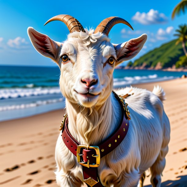 Photo of a goat in a belt on the beach