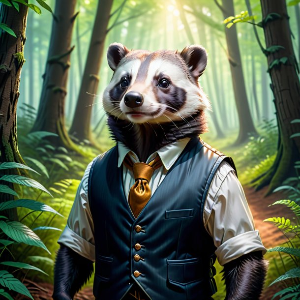 Illustration of a badger in a vest in the forest