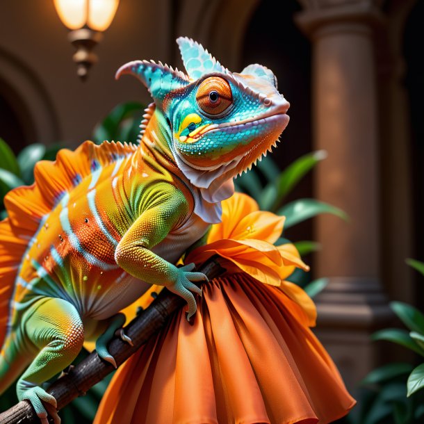 Foto de un camaleón en una falda naranja