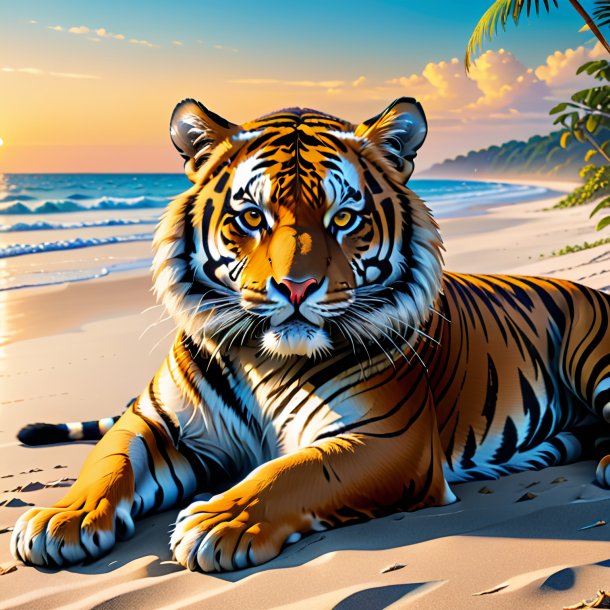 Image of a resting of a tiger on the beach